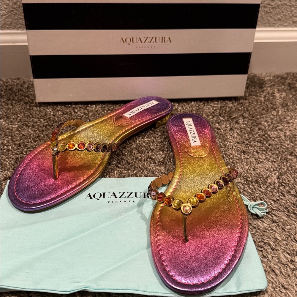 New Aquazzura Tequila Rainbow Crystal-Embellished Leather Flip flop sandals 38.5